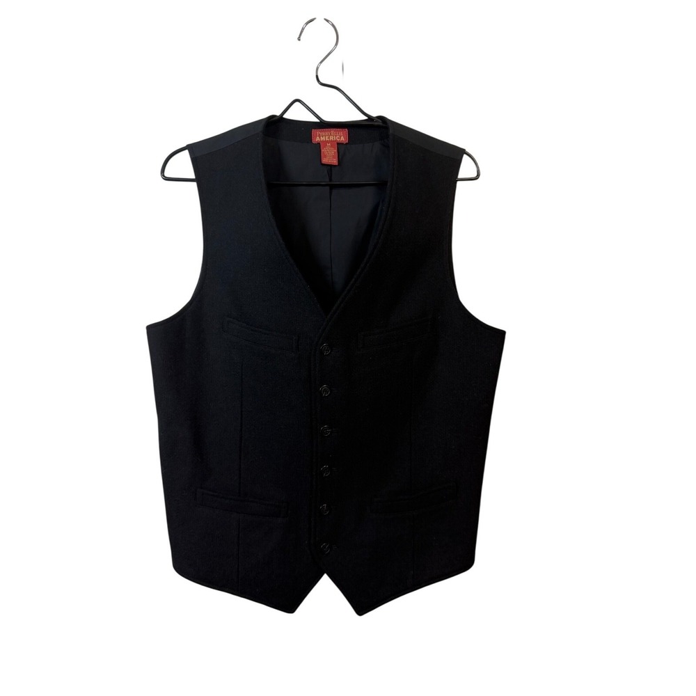Perry Ellis America Vest Mens Medium Black Wool Blend Button Front Waistcoat